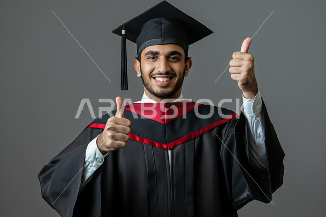 الاحتفال بإنهاء الدراسة الجامعية، رفع اليد بتعابير الجودة والاعجاب، بورتريه مقرب لطالب جامعي عربي سعودي خليجي يرتدي العباءه وقبعة التخرج ينظر إلى الكاميرا بإيماءات الفرح والسرور, الشعور بالفخر والثقة بالنفس, مفهوم الاجتهاد والتفوق، خلفية رمادية