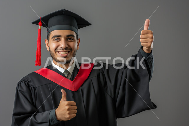 Raising a hand with expressions of quality and admiration, celebrating the completion of university studies, a close-up portrait of a Saudi Arabian Gulf university student wearing an abaya and graduation cap looking at the camera with gestures of joy and pleasure, a feeling of pride and self-confidence, the concept of diligence and excellence, gray background