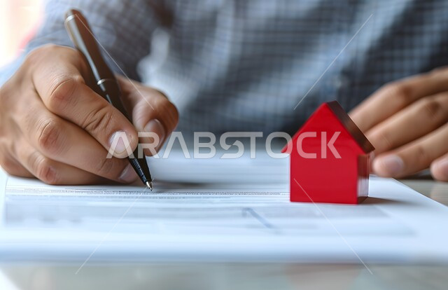 مفهوم امتلاك سكن جديد، صورة مقربة لأيدي رجل عربي خليجي سعودي يقوم بتوقيع الأوراق، قراءة بنود العقد والموافقة، التحقق والتدقيق في العرض المالي، مجسم منزل باللون الأحمر