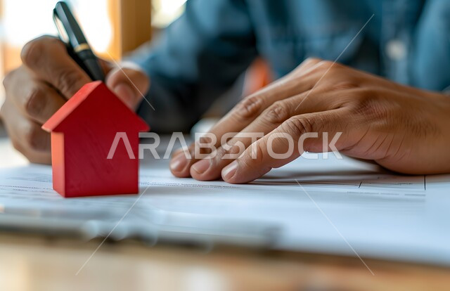مفهوم امتلاك سكن جديد، صورة مقربة لأيدي رجل عربي خليجي سعودي يقوم بتوقيع الأوراق، قراءة بنود العقد والموافقة، التحقق والتدقيق في العرض المالي، مجسم منزل باللون الأحمر