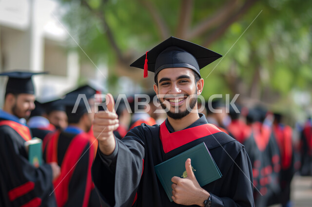 Completing university studies, the concept of diligence and excellence, a feeling of pride and self-confidence, raising a hand with expressions of quality and admiration, a close-up photo of a Saudi-Gulf Arab university student wearing the gown and graduation cap looking at the camera with gestures of joy and pleasure.