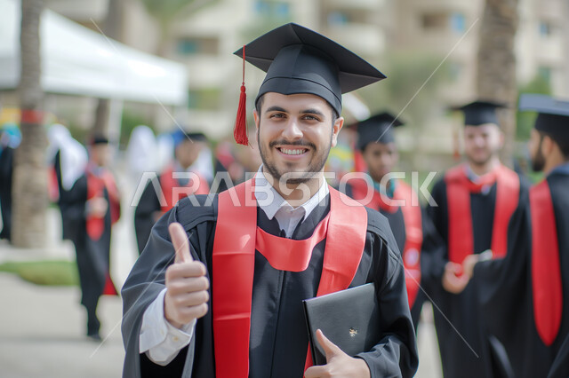 The concept of diligence and excellence, a feeling of pride and self-confidence, celebrating the completion of university studies, raising a hand with expressions of quality and admiration, a close-up photo of an Arab Saudi Gulf university student wearing the abaya and graduation cap looking at the camera with gestures of joy and pleasure.