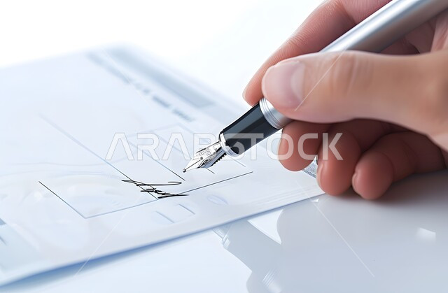  التحقق والتدقيق في العرض المالي، كتابة وصرف مبلغ مالي عبر الشيك، صورة مقربة لأيدي رجل عربي خليجي سعودي يقوم بتوقيع الأوراق، قراءة بنود العقد والموافقة