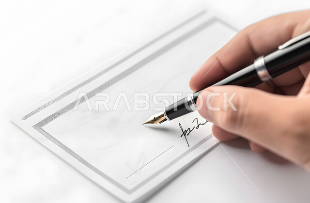 كتابة وصرف مبلغ مالي عبر الشيك، صورة مقربة لأيدي رجل عربي خليجي سعودي يقوم بتوقيع الأوراق، قراءة بنود العقد والموافقة، التحقق والتدقيق في العرض المالي