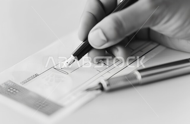  التحقق والتدقيق في العرض المالي، كتابة وصرف مبلغ مالي عبر الشيك، صورة مقربة لأيدي رجل عربي خليجي سعودي يقوم بتوقيع الأوراق، قراءة بنود العقد والموافقة