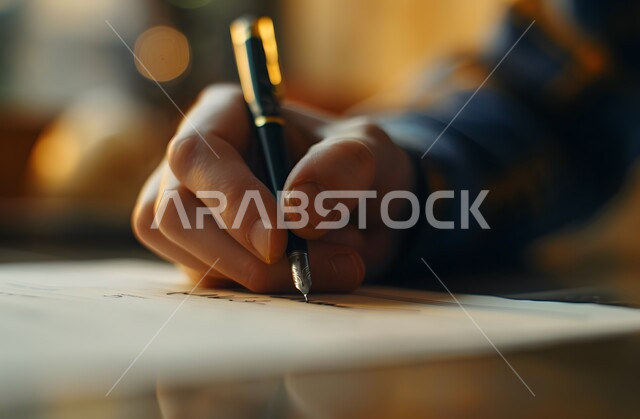 كتابة وتسجيل البيانات والملاحظات، التحقق والتدقيق في العرض المالي، صورة مقربة لأيدي رجل عربي خليجي سعودي يقوم بتوقيع الأوراق، قراءة بنود العقد والموافقة