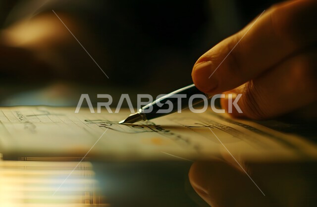 كتابة وتسجيل البيانات والملاحظات، التحقق والتدقيق في العرض المالي، صورة مقربة لأيدي رجل عربي خليجي سعودي يقوم بتوقيع الأوراق، قراءة بنود العقد والموافقة