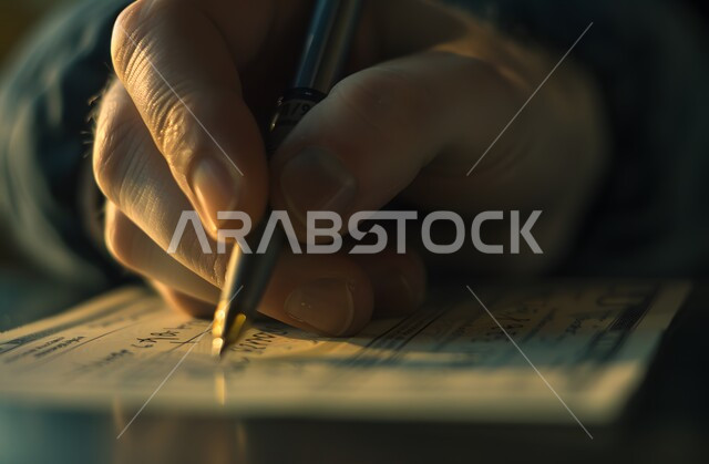 كتابة وتسجيل البيانات والملاحظات، التحقق والتدقيق في العرض المالي، صورة مقربة لأيدي رجل عربي خليجي سعودي يقوم بتوقيع الأوراق، قراءة بنود العقد والموافقة