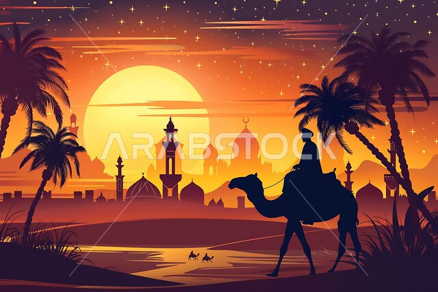 حيوانات التنقل والسفر في القدم، الاهتمام في تربية الجمال والإبل، مفهوم رعاية المواشي والثدييات، رسوم توضيحية ظلية لرجل عربي خليجي سعودي يقود حيوان الجمل في الصحراء، خلفية قبب ومآذن لمساجد وقت الغروب، سيلويت