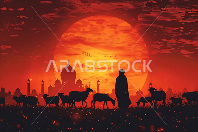 أضاحي وقربان عيد الأضحى المبارك، الإهتمام بتربية الحيوانات والمواشي، رسوم توضيحية ظلية لراعي أغنام يقوم برعاية قطيع من الغنم، منظر غروب الشمس في المناطق الطبيعية بالمملكة العربية السعودية، خلفية قبب ومآذن المساجد، سيلويت