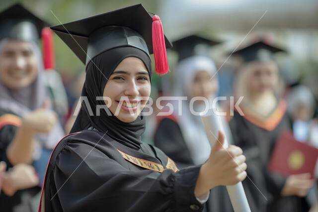 لحظة تاريخية في حياة الخريجين، السعادة بتحقيق حلم النجاح من الجامعة، جودة التعليم في جامعات المملكة العربية السعودية, صورة مقربة لطالبة جامعية خريجة عربية سعودية خليجية ترتدي عباءة وقبعة التخرج ترفع اصبع الابهام بايماءات الاعجاب