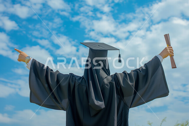 تحقيق حلم النجاح من الجامعة، لحظة تاريخية في حياة الخريجين، جودة التعليم في جامعات المملكة العربية السعودية, صورة من الخلف لطالبة جامعية خريجة عربية سعودية خليجية ترتدي عباءة وقبعة التخرج تحمل بيدها الشهادة وترفع يديها بسعادة، خلفية سماء مليئة بالغيوم