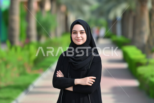 الوقوف بأيدي متقاطعة وايماءات الثقة بالنفس، صورة مقربة لإمرأة عربية خليجية سعودية مبتسمة ترتدي الحجاب والعباءة السوداء تنظر الى الكاميرا بتعابير الأنوثة والنعومة، الاعتناء بالمظهر الخارجي والاهتمام بالأناقة، خلفية طبيعة