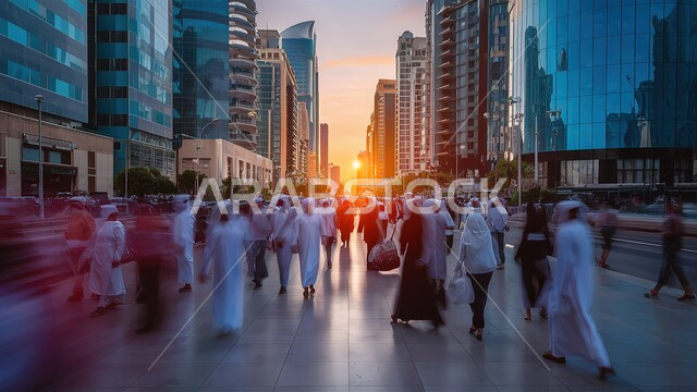 Famous tourist places and attractions at sunset, population crowding in the streets of the Kingdom of Saudi Arabia, architectural engineering art of towers and skyscrapers, progress and urban development of buildings and facilities.