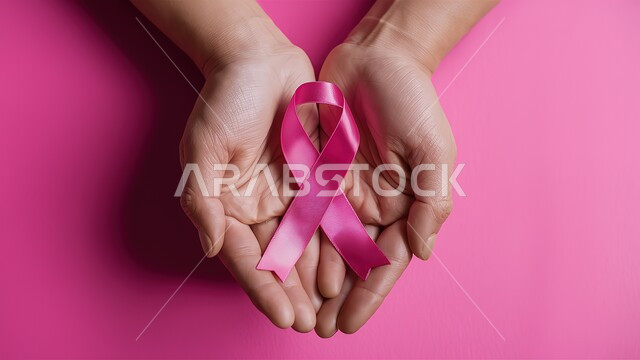 نشر الوعي وتحدي الأمراض الخبيثة، حملة توعوية للكشف المبكر عن الأمراض الخبيثة,  بورتريه مقرب لايدي امرأة عربية خليجية سعودية تحمل شريط وردي يرمز الى التوعية والحماية من سرطان الثدي, خلفية زهرية