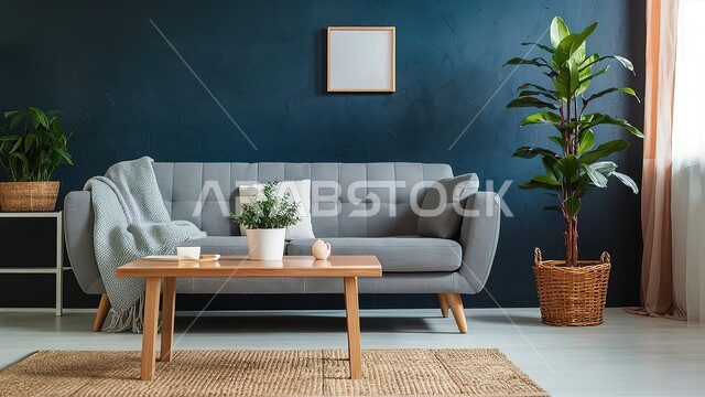 غرفة معيشة بتصاميم وديكورات عصرية، الأثاث المنزلي المريح، شقق وفلل سكنية في المملكة العربية السعودية، ديكور داخلي راقي لغرفة الجلوس، طاولة خشبية عليها نبات الزينة المنزلي، التحف والاكسسوارات البسيطة