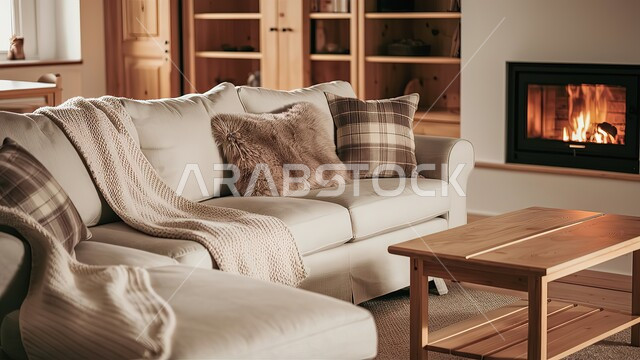 ديكور داخلي راقي لغرفة الجلوس، طاولة خشبية وأثاث منزلي مريح، غرفة معيشة بتصاميم وديكورات عصرية، شقق وفلل سكنية في المملكة العربية السعودية، التحف والاكسسوارات البسيطة