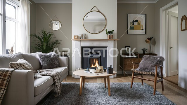 التصاميم  والديكورات الراقية لغرفة الجلوس، أثاث منزلي مريح، اريكة باللون البيج مع وسادة منقشة وطاولة خشبية، شقق وفلل سكنية في المملكة العربية السعودية، التحف والاكسسوارات البسيطة