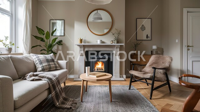 الديكورات والتصاميم  الراقية لغرفة الجلوس، أثاث منزلي مريح، اريكة باللون البيج مع وسادة منقشة وطاولة خشبية، شقق وفلل سكنية في المملكة العربية السعودية، التحف والاكسسوارات البسيطة