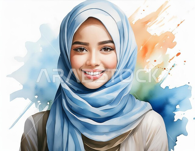 Modern women's hijab, the concept of femininity, softness, and concern for external appearance, 3D cartoon drawings of a smiling Saudi Arabian Gulf woman wearing the hijab, looking at the camera with gestures of pleasure and self-confidence, white background.
