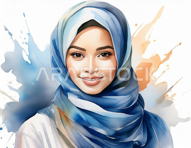 Modern women's hijab, the concept of femininity, softness, and concern for external appearance, 3D cartoon drawings of a smiling Saudi Arabian Gulf woman wearing the hijab, looking at the camera with gestures of pleasure and self-confidence, white background.