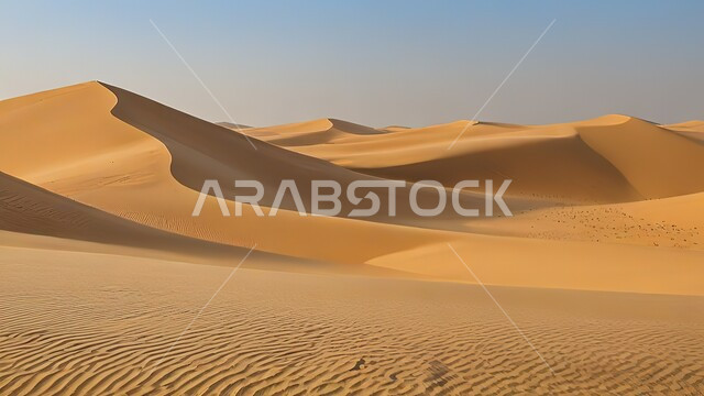 Badia regions and the natural desert environment in the Sultanate of Oman, famous natural tourist places, sand formations and formations in the ancient desert of Oman and the Empty Quarter, plateaus, hills and soft golden sand in the prairies.