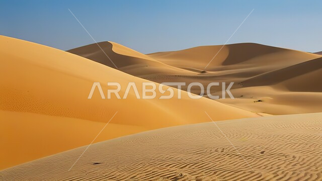 Badia regions and the natural desert environment in the Sultanate of Oman, famous natural tourist places, sand formations and formations in the ancient desert of Oman and the Empty Quarter, plateaus, hills and soft golden sand in the prairies.