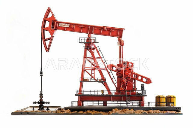 استخراج وتصدير الثروات الباطنية، استنباط النفط والزيوت , صورة مقربة لحفارة تقوم بالتنقيب عن النفط, آلات حفر ضخمة , جودة الأدوات والمعدات لصناعة وتخزين البترول, خلفية بيضاء