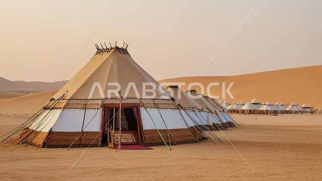 كشتة و جلسة بر شبابية، التخييم في المناطق الطبيعية في المملكة العربية السعودية، خيمة بدوية شعبية وسط الرمال الذهبية في النهار، مخيمات سياحية في المناطق البرية، مجالس عربية تقليدية