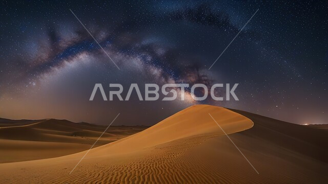 الرمال الناعمة والكثبان الرملية الذهبية تحت سماء مليئة بالنجوم في صحراء المملكة العربية السعودية، مناطق البادية والبيئة الطبيعية الصحراوية، المناخ الصحراوي الجاف، المرتفعات والتضاريس والقمم الجبلية في البراري