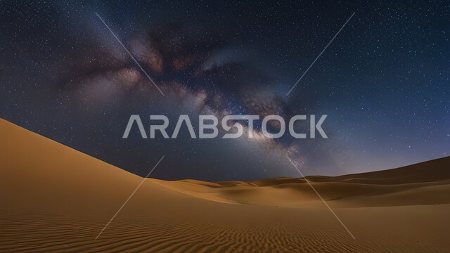 منظر مجرة درب التبانة والسماء المليئة بالنجوم في صحراء المملكة العربية السعودية، مناطق البادية والبيئة الطبيعية الصحراوية، المناخ الصحراوي الجاف، المرتفعات والتضاريس والقمم الجبلية في البراري، الرمال الناعمة والكثبان الرملية الذهبية