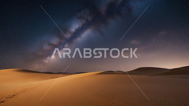 الرمال الناعمة والكثبان الرملية الذهبية تحت سماء مليئة بالنجوم في صحراء المملكة العربية السعودية، مناطق البادية والبيئة الطبيعية الصحراوية، المناخ الصحراوي الجاف، المرتفعات والتضاريس والقمم الجبلية في البراري