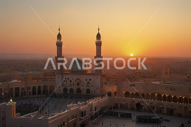  العبادة والتقرب الى الله, الديكورات والتصاميم الخارجية الحديثة لبناء مسجد، الفن الهندسي المعماري لبناء المساجد في المملكة العربية السعودية, أماكن إسلامية مقدسة وقت غروب الشمس، نداء المسلمين لأداء الفرائض والصلوات