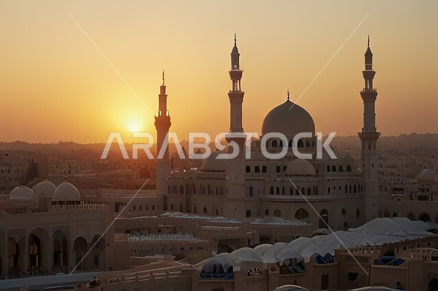 Worship and getting closer to God, modern exterior decorations and designs for building a mosque, architectural engineering art for building mosques in the Kingdom of Saudi Arabia, Islamic holy places at sunset, calling Muslims to perform obligatory duties and prayers