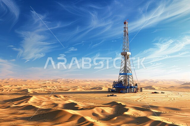 Adoption of modern techniques and technology in oil and gas production in the Kingdom of Saudi Arabia, quality of production laboratories and equipment, close-up photo of an oil refinery in the middle of desert lands, an oil platform in the desert, extraction and export of underground resources