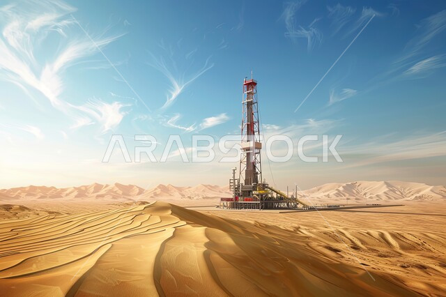 Adoption of modern techniques and technology in oil and gas production in the Kingdom of Saudi Arabia, quality of production laboratories and equipment, close-up photo of an oil refinery in the middle of desert lands, an oil platform in the desert, extraction and export of underground resources