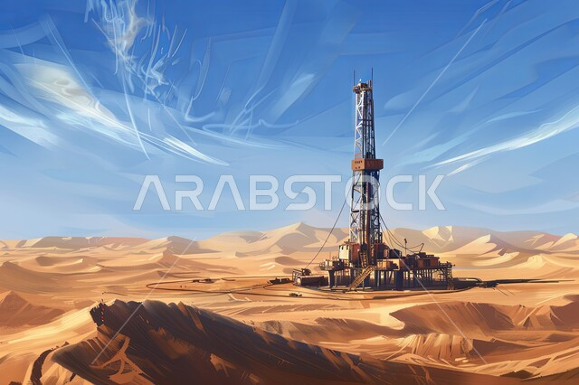 Adoption of modern techniques and technology in oil and gas production in the Kingdom of Saudi Arabia, quality of production laboratories and equipment, close-up photo of an oil refinery in the middle of desert lands, an oil platform in the desert, extraction and export of underground resources