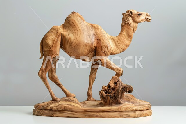 Raising livestock and animals in natural reserves, three-dimensional wooden sculptures and models of a brown camel, interest and care for mammals, white background
