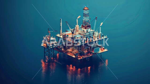 منصفة نفط لاستنباط الزيوت, استخراج وتصدير الثروات الباطنية، صورة مقربة لحفارة تقوم بالتنقيب عن النفط وسط البحر, آلات حفر ضخمة , جودة الأدوات والمعدات لصناعة وتخزين البترول