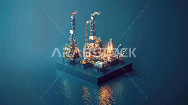 منصفة نفط لاستنباط الزيوت, استخراج وتصدير الثروات الباطنية، صورة مقربة لحفارة تقوم بالتنقيب عن النفط وسط البحر, آلات حفر ضخمة , جودة الأدوات والمعدات لصناعة وتخزين البترول