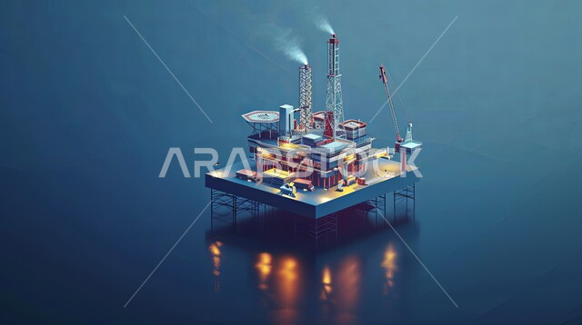 منصفة نفط لاستنباط الزيوت, استخراج وتصدير الثروات الباطنية، صورة مقربة لحفارة تقوم بالتنقيب عن النفط وسط البحر, آلات حفر ضخمة , جودة الأدوات والمعدات لصناعة وتخزين البترول