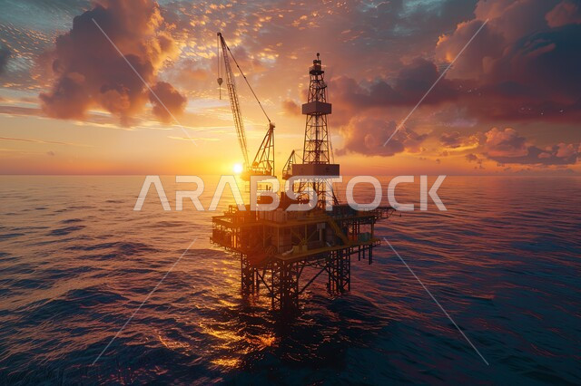 Quality tools and equipment for manufacturing and storing petroleum, an oil platform for extracting oils, extracting and exporting underground resources, a close-up photo of a rig exploring for oil in the middle of the sea at sunset, huge drilling machines
