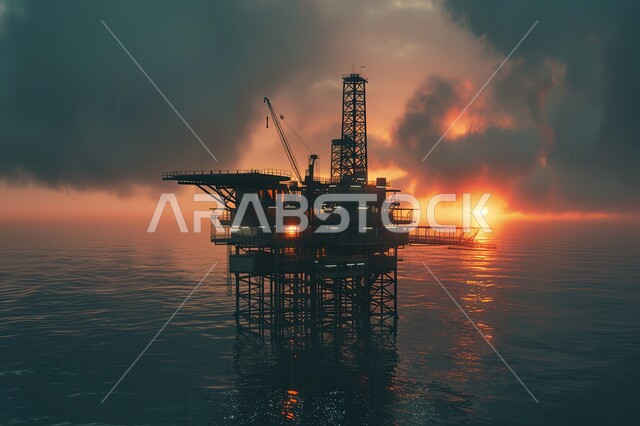 جودة الأدوات والمعدات لصناعة وتخزين البترول، منصة نفط لاستنباط الزيوت, استخراج وتصدير الثروات الباطنية، صورة مقربة لحفارة تقوم بالتنقيب عن النفط وسط البحر وقت الغروب, آلات حفر ضخمة