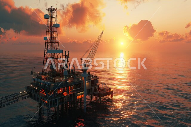 جودة الأدوات والمعدات لصناعة وتخزين البترول، منصة نفط لاستنباط الزيوت, استخراج وتصدير الثروات الباطنية، صورة مقربة لحفارة تقوم بالتنقيب عن النفط وسط البحر وقت الغروب, آلات حفر ضخمة