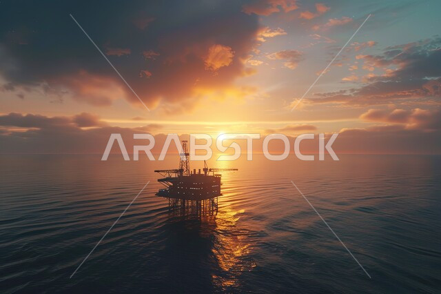 جودة الأدوات والمعدات لصناعة وتخزين البترول، منصة نفط لاستنباط الزيوت, استخراج وتصدير الثروات الباطنية، صورة مقربة لحفارة تقوم بالتنقيب عن النفط وسط البحر وقت الغروب, آلات حفر ضخمة