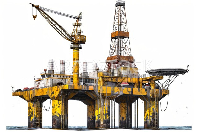 جودة الأدوات والمعدات لصناعة وتخزين البترول, استخراج وتصدير الثروات الباطنية، منصفة نفط لاستنباط الزيوت, صورة مقربة لحفارة تقوم بالتنقيب عن النفط, آلات حفر ضخمة , خلفية بيضاء