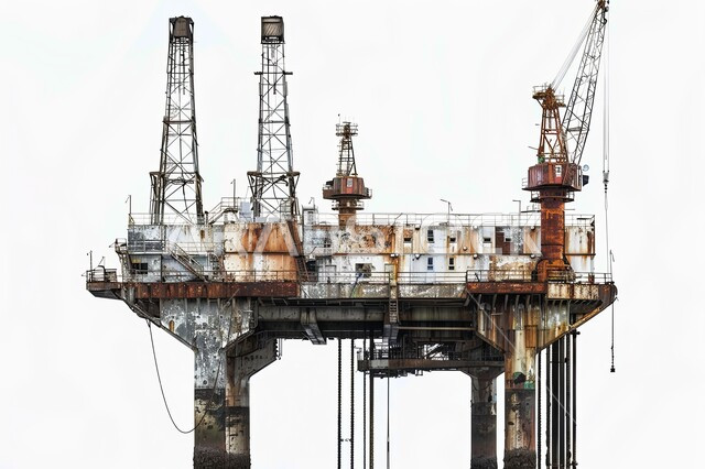 جودة الأدوات والمعدات لصناعة وتخزين البترول, استخراج وتصدير الثروات الباطنية، منصفة نفط لاستنباط الزيوت, صورة مقربة لحفارة تقوم بالتنقيب عن النفط, آلات حفر ضخمة , خلفية بيضاء