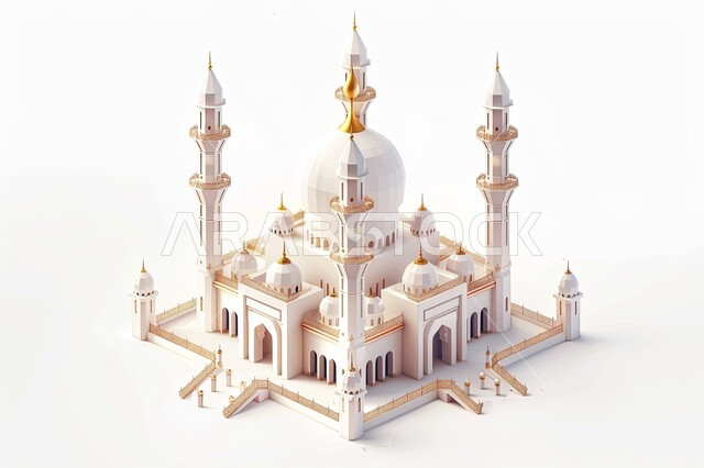 Exterior design and decoration of an elegant mosque in the Islamic style, a 3D model of a white mosque with modern domes and minarets, worship and drawing closer to God in mosques, white background