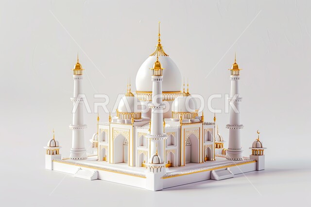 Exterior design and decoration of an elegant mosque in the Islamic style, a 3D model of a white mosque with modern domes and minarets, worship and drawing closer to God in mosques, white background