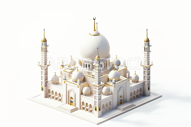 تصميم وديكور خارجي لمسجد راقي على الطراز الإسلامي، مجسم ثلاثي الأبعاد لجامع أبيض مع القبب والمآذن العصرية الحديثة، العبادة والتقرب الى الله في المساجد، خلفية بيضاء